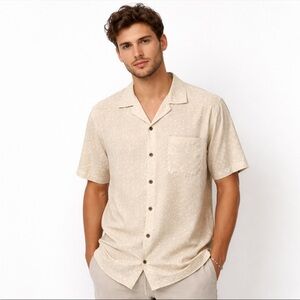 George Men's Casual Beige Button Down Shirt Linen Blend Size Large Resort Spring